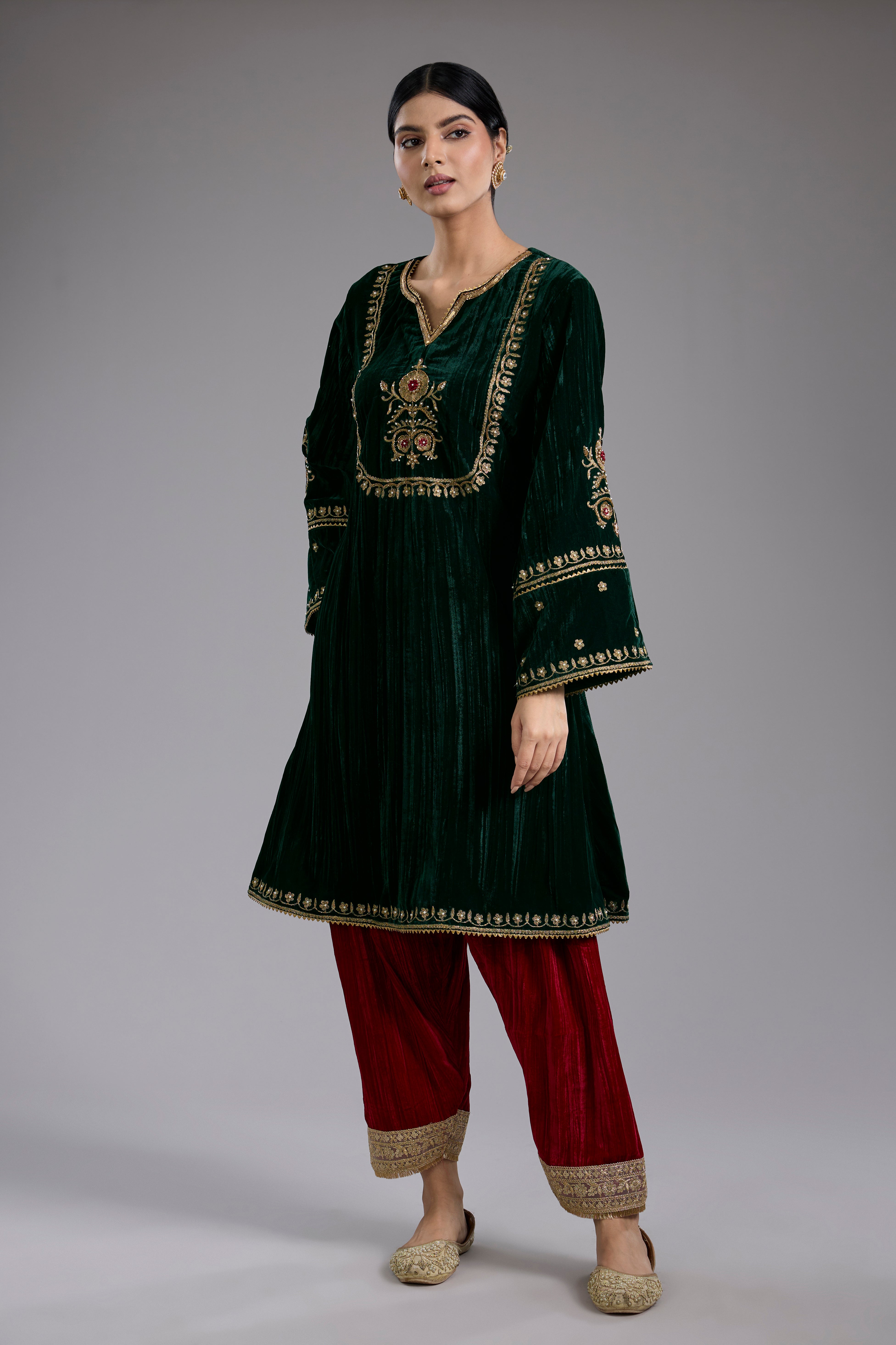 Green velvet Aari and hand embroidery kurta set