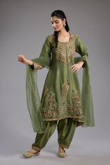 Green tissue Anarkali with hand embroidery