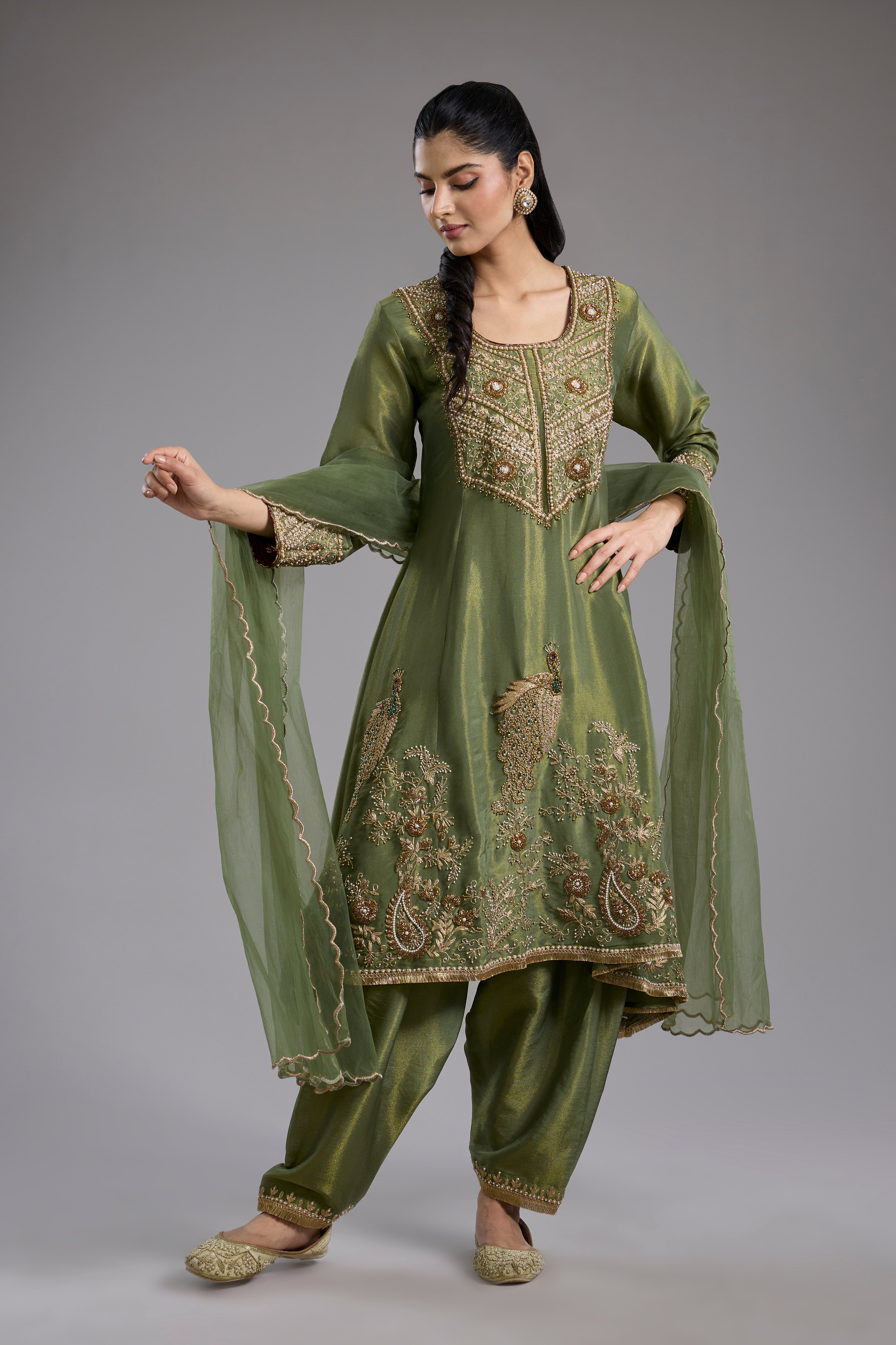 Green tissue Anarkali with hand embroidery