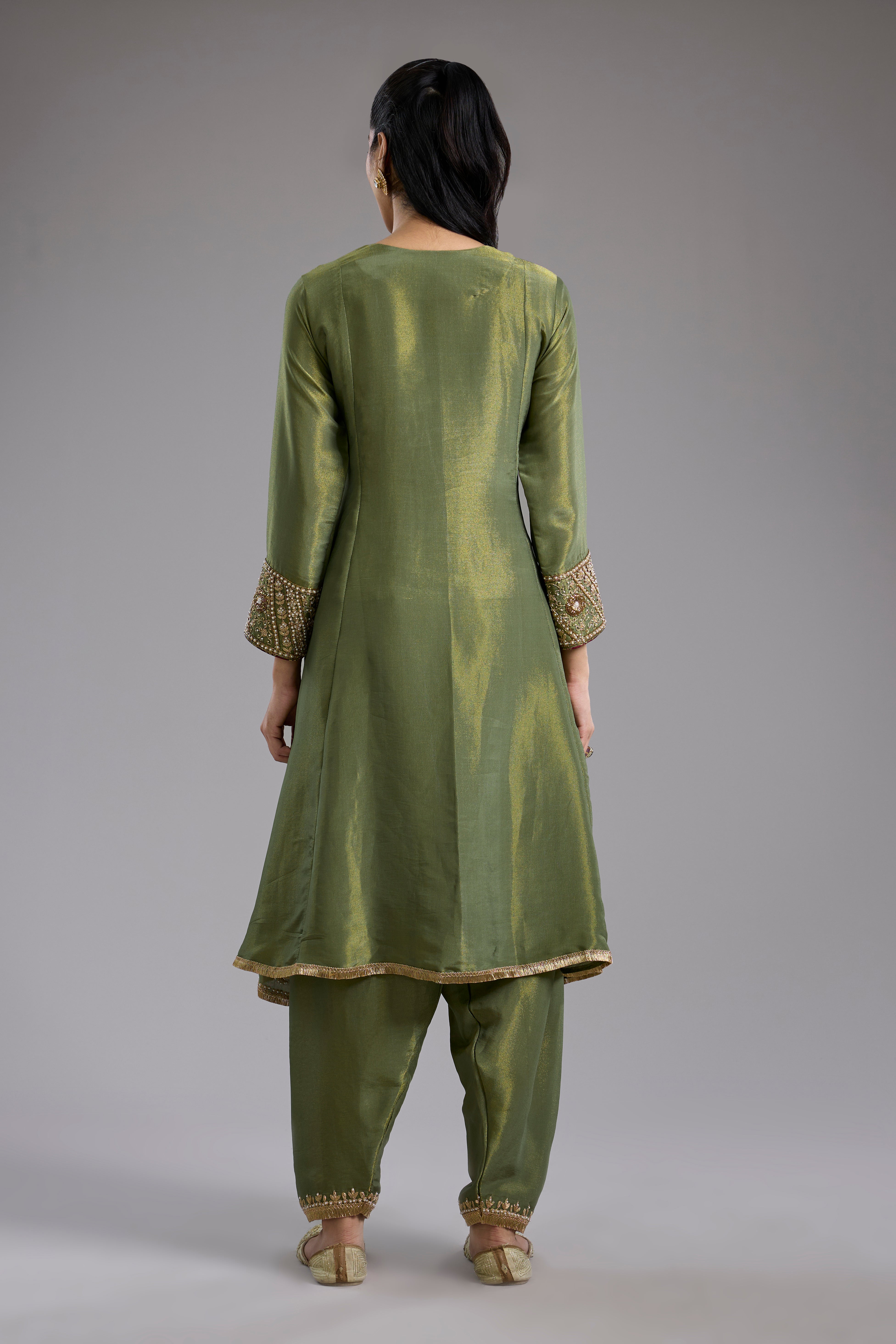 Green tissue Anarkali with hand embroidery