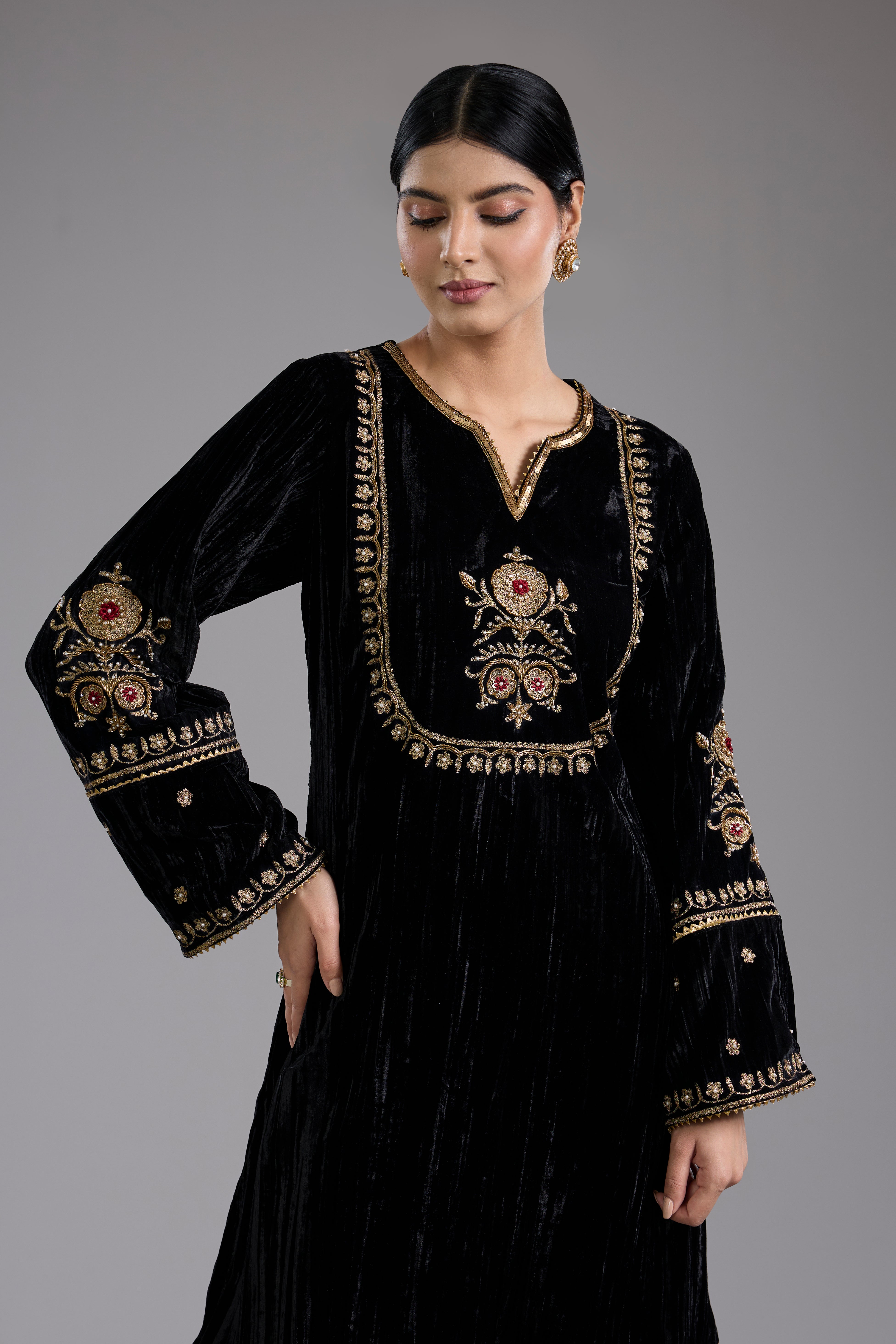 Black velvet Aari and hand embroidery kurta set