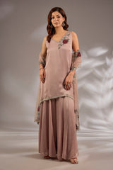 Sharara set in satin organza base with a kurta and dupatta hand and machine embroidered