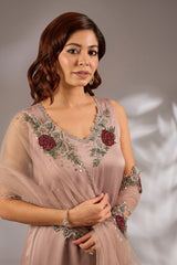 Sharara set in satin organza base with a kurta and dupatta hand and machine embroidered