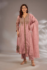 Flared kurta in mul chanderi base with hand embroidery.