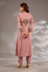 Flared kurta in mul chanderi base with hand embroidery.