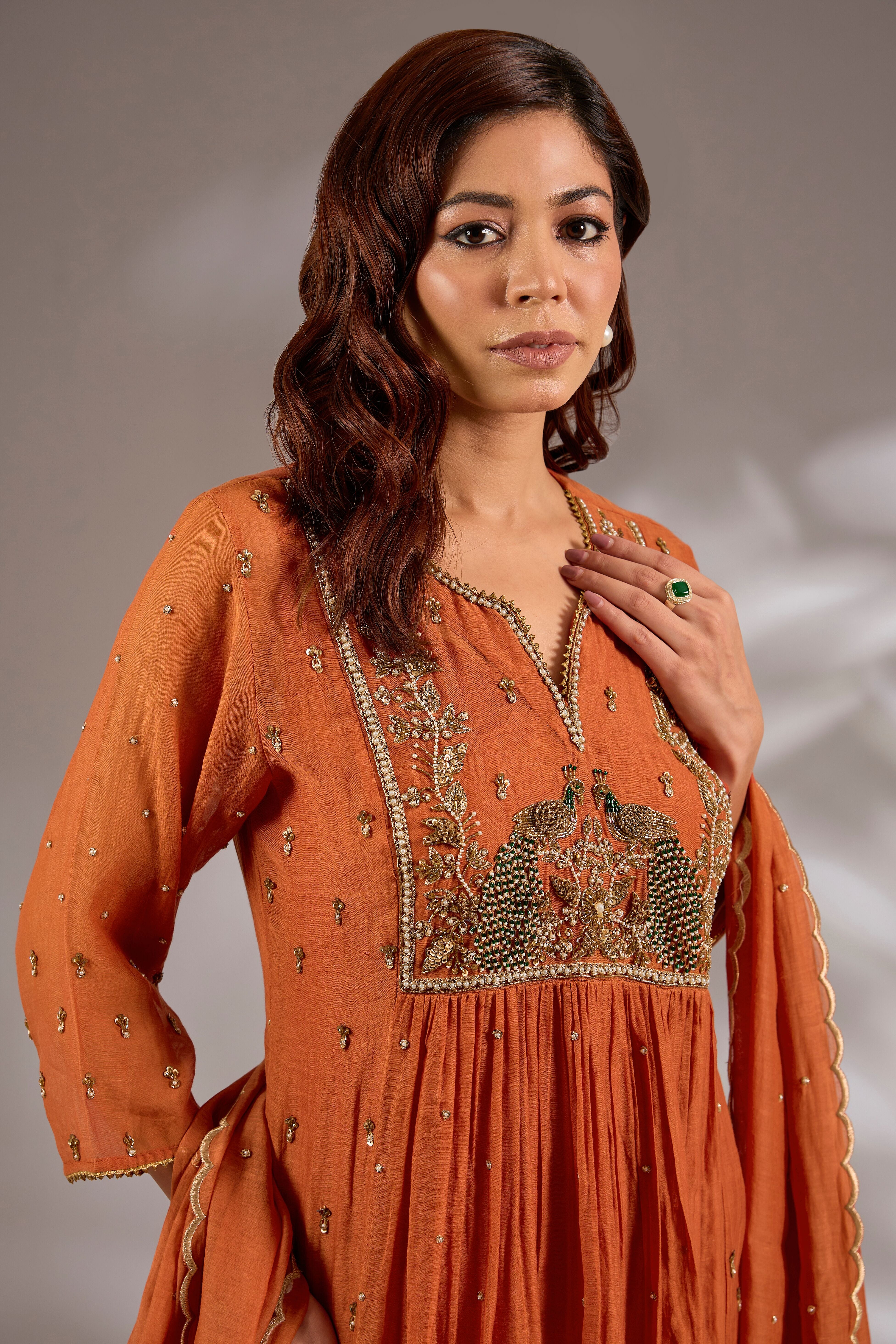 Anarkali in mul chanderi base with hand embroidery.