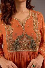 Anarkali in mul chanderi base with hand embroidery.