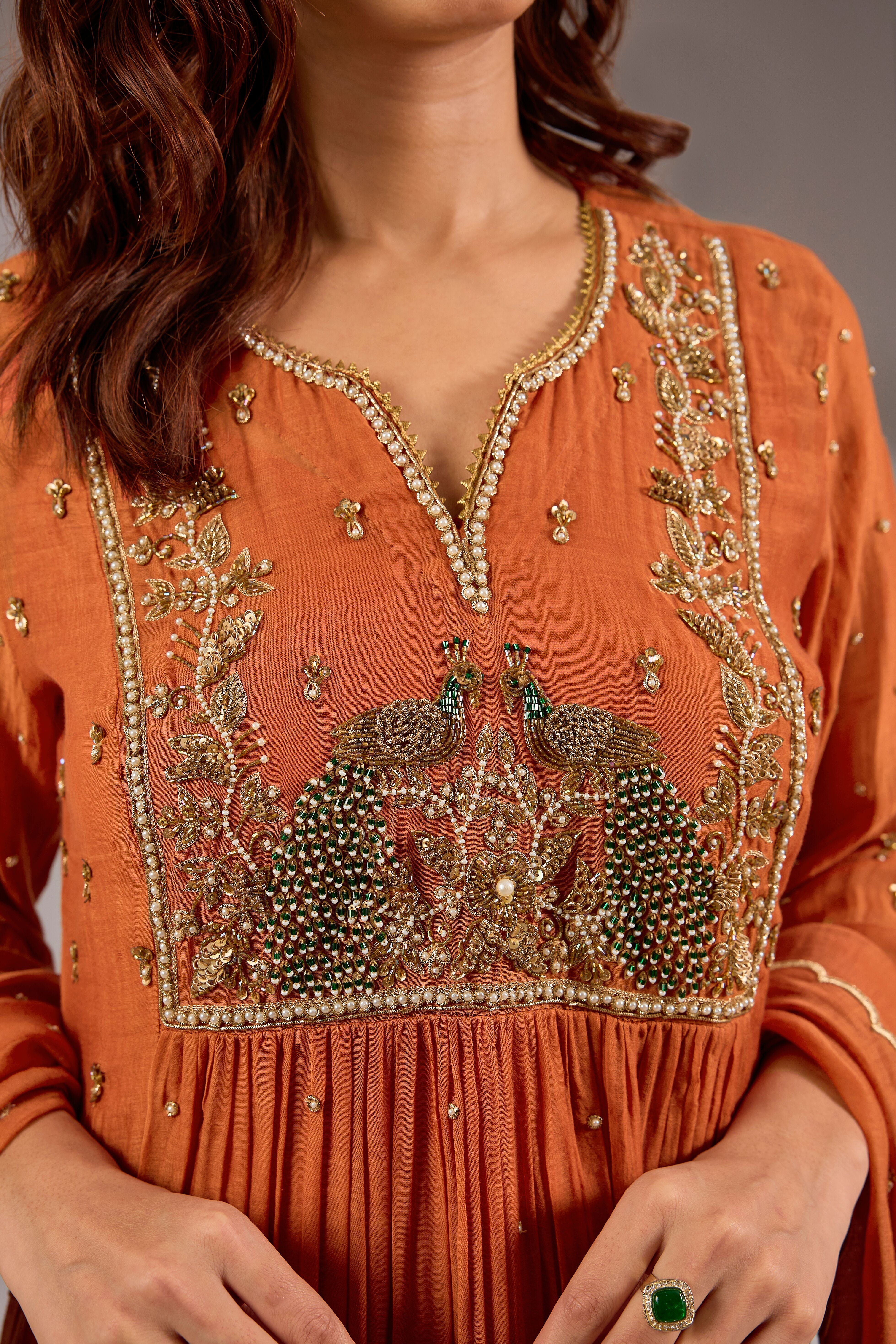 Anarkali in mul chanderi base with hand embroidery.