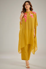 Yellow Georgette Sequins Hand Embroidered Kaftan Set