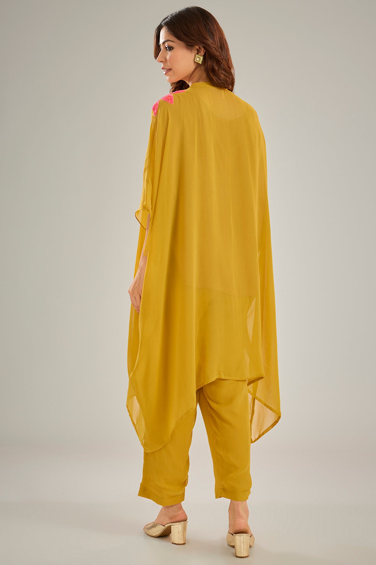 Yellow Georgette Sequins Hand Embroidered Kaftan Set