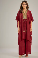 Maroon Crepe Sequins & Crystal Hand Embroidered Kaftan Set