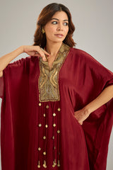 Maroon Crepe Sequins & Crystal Hand Embroidered Kaftan Set