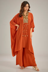 Orange Crepe Sequins & Crystal Hand Embroidered Kaftan Set