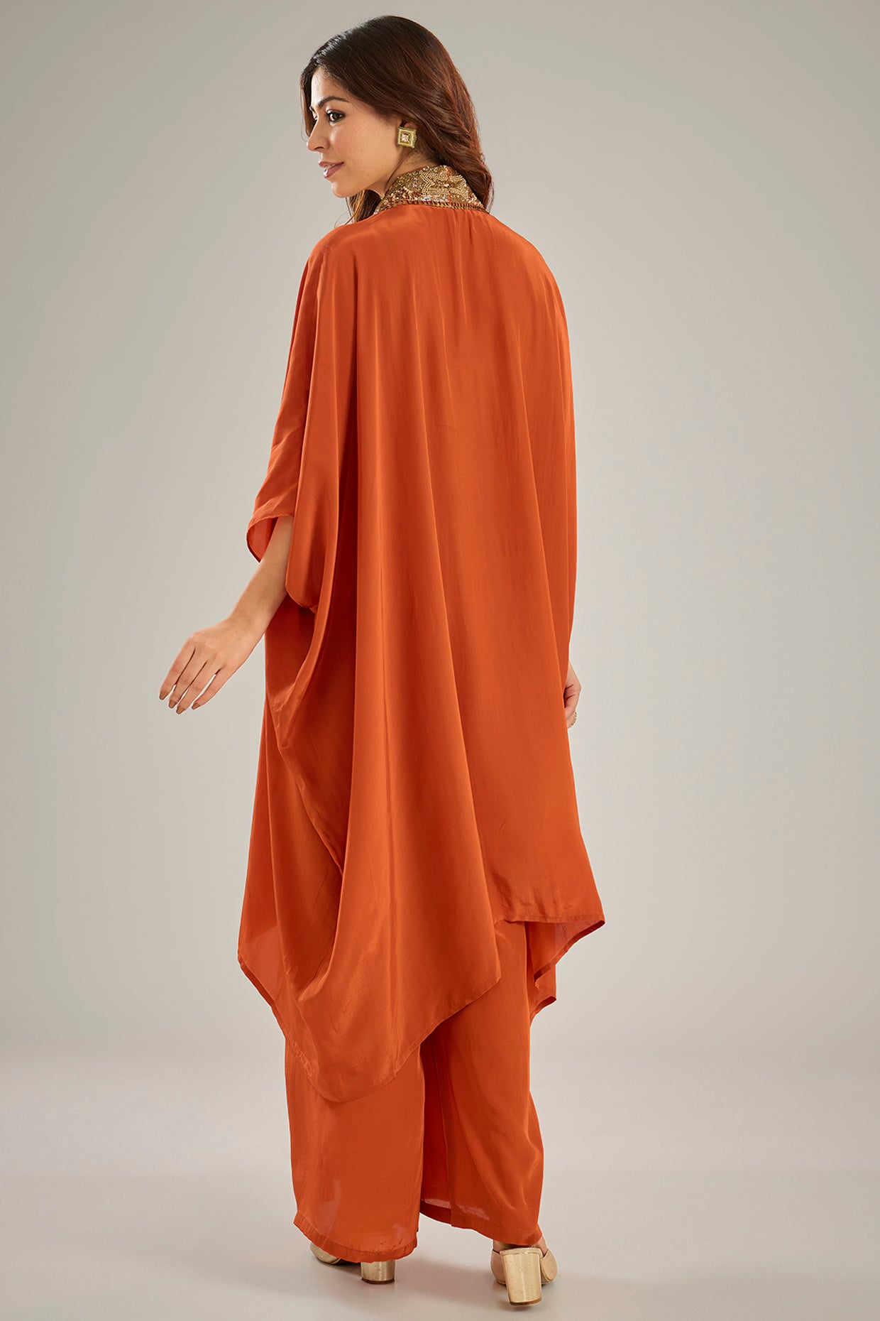 Orange Crepe Sequins & Crystal Hand Embroidered Kaftan Set