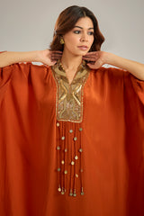 Orange Crepe Sequins & Crystal Hand Embroidered Kaftan Set