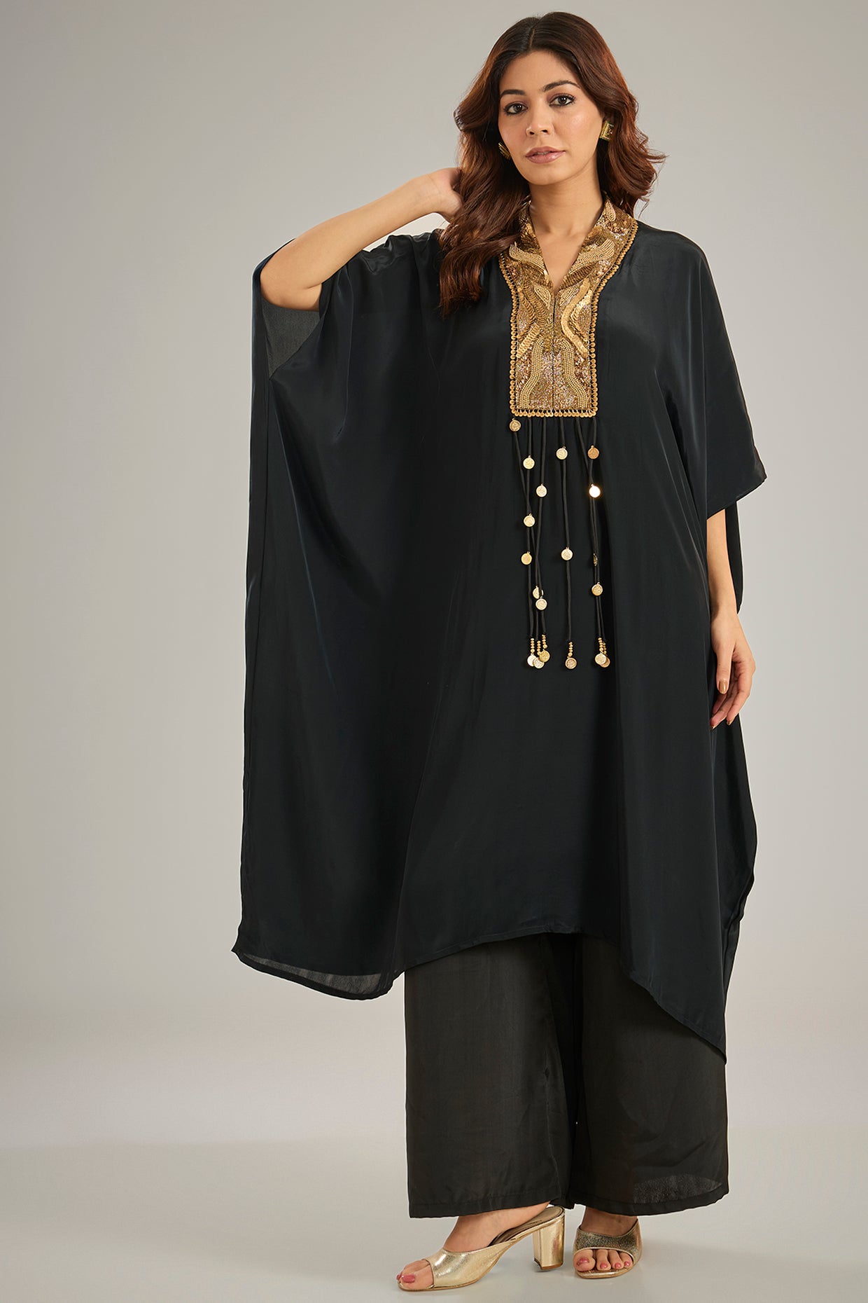 Black Crepe Sequins & Crystal Hand Embroidered Kaftan Set