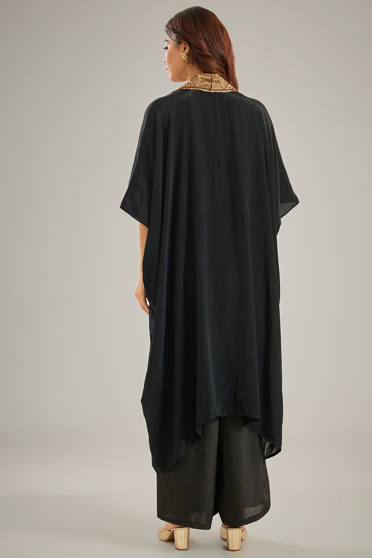 Black Crepe Sequins & Crystal Hand Embroidered Kaftan Set