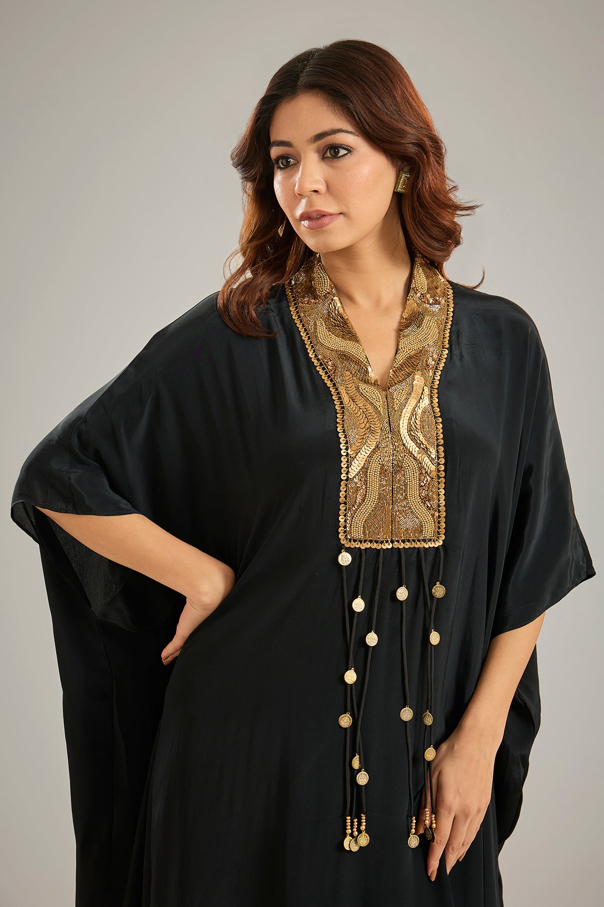Black Crepe Sequins & Crystal Hand Embroidered Kaftan Set