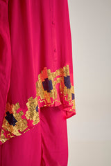 Dark Pink Crepe Sequins Hand Embroidered Kaftan Set