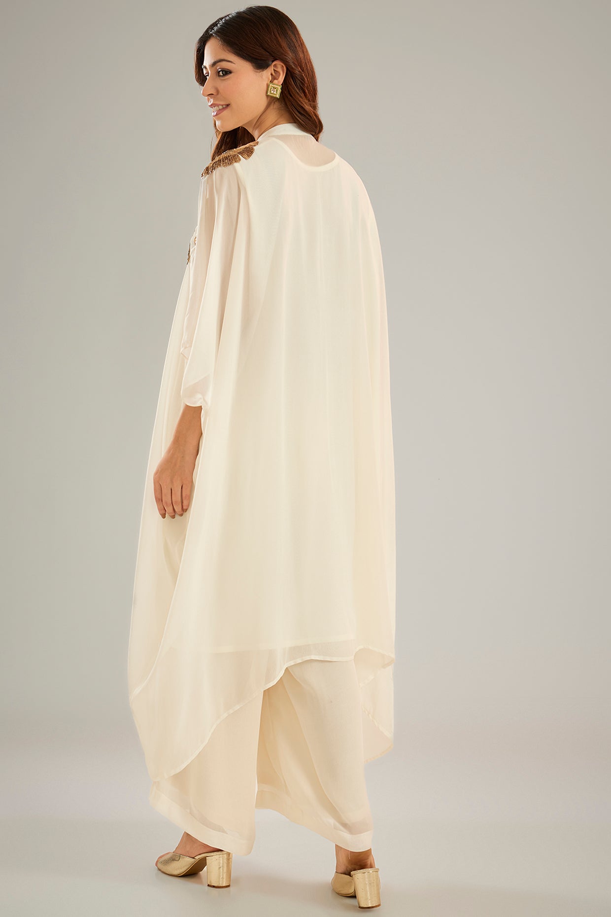 Cream Georgette Sequins Hand Embroidered Kaftan Set