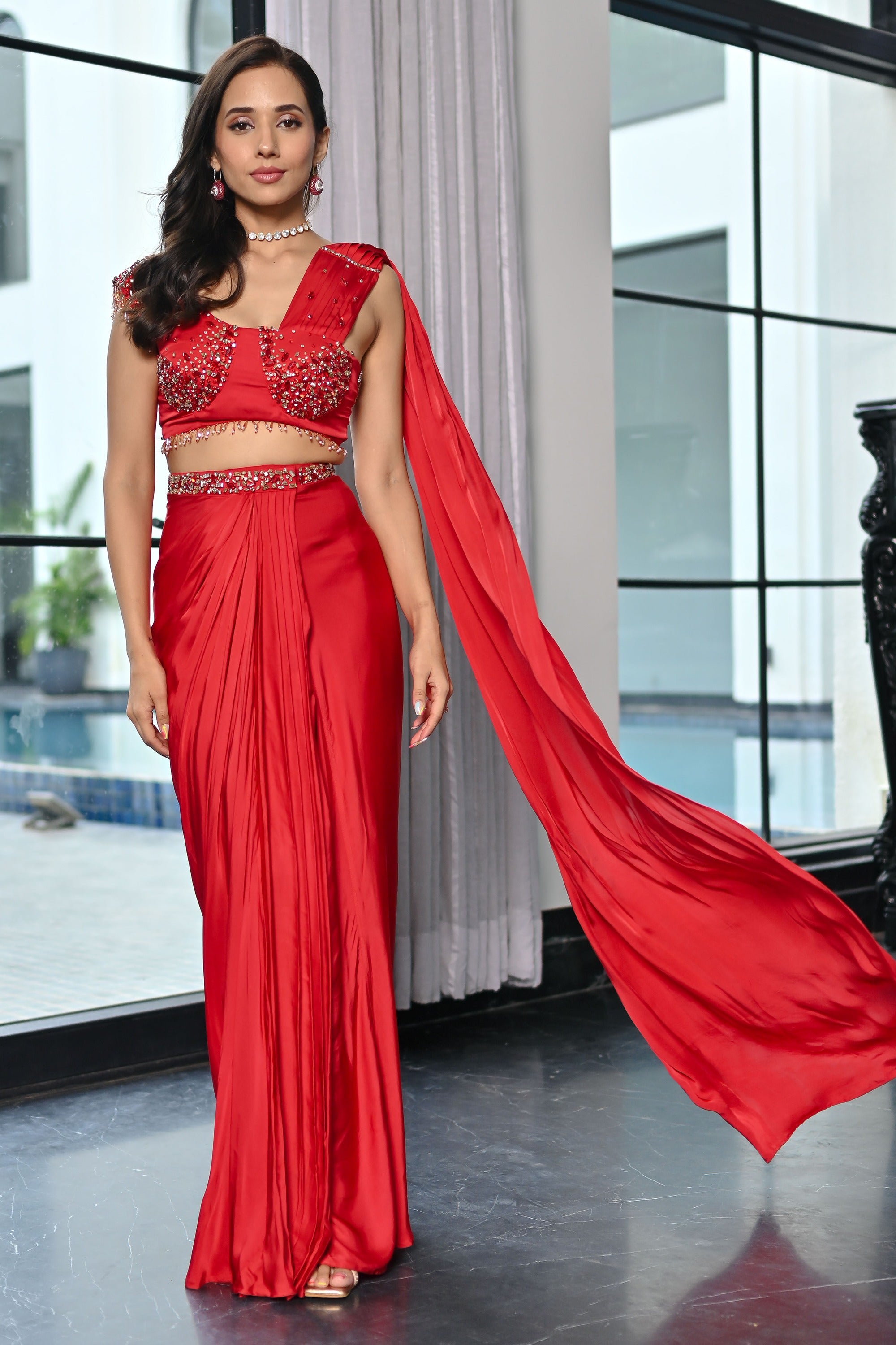 Crystal Couture Red Royalty Predrapped Saree
