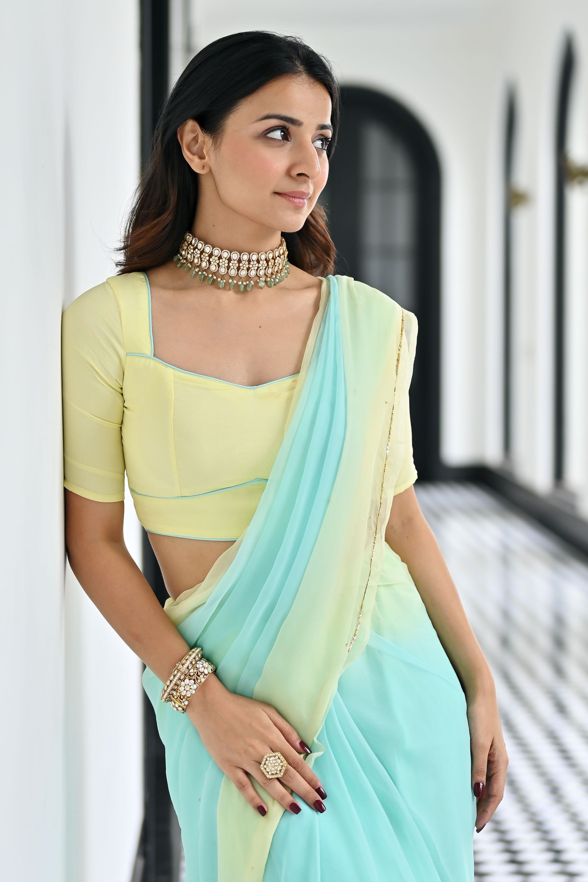 Maharani Yellow  Blue Chiffon Saree
