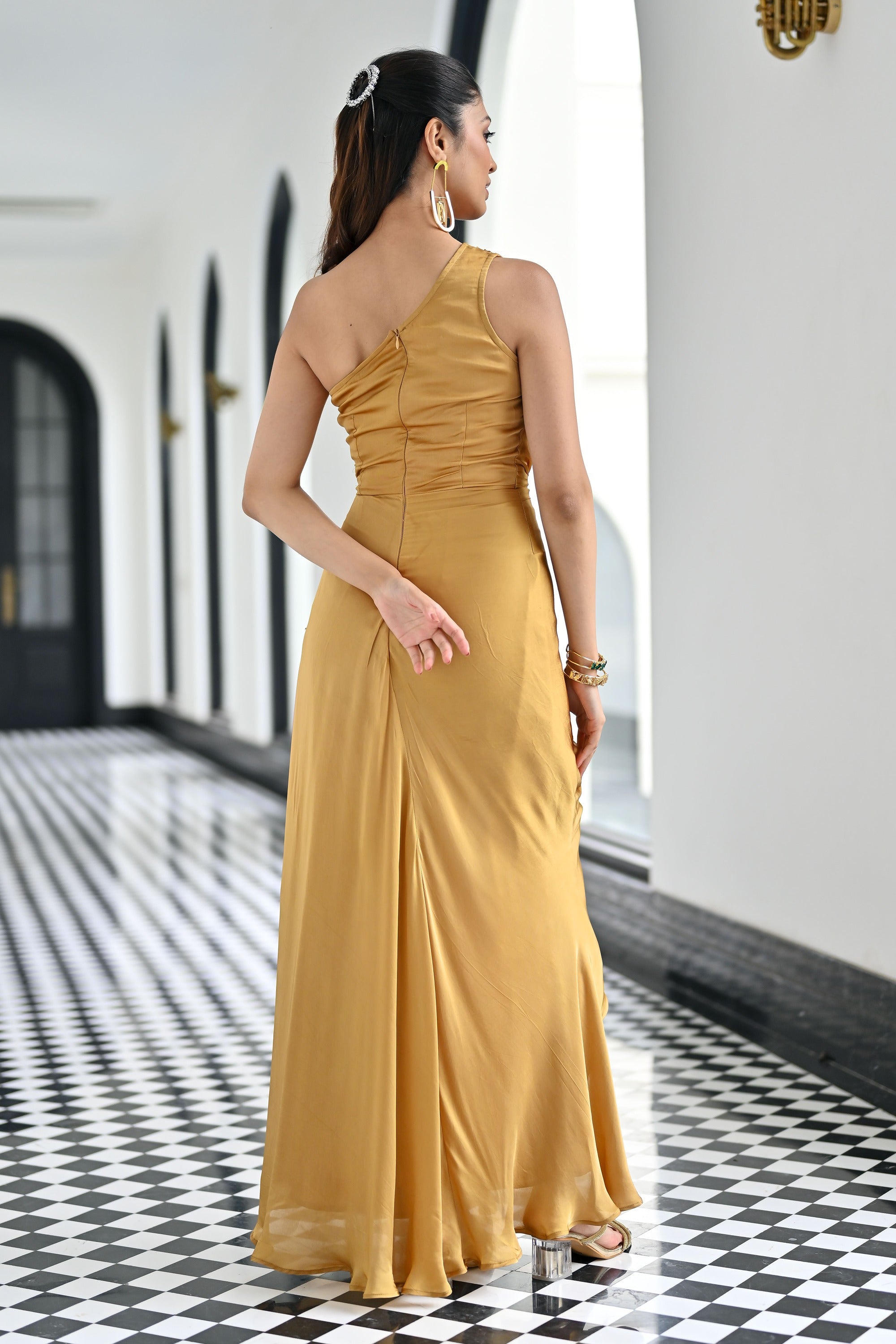 Gold Silk Satin Long Dress