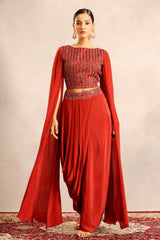 Red Ajrakh embroidered cape sleeve blouse with drape skirt