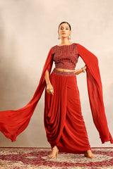 Red Ajrakh embroidered cape sleeve blouse with drape skirt