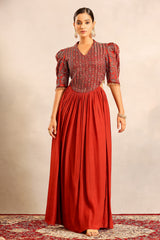 Red ajrakh embroidered gathered dress