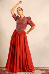 Red ajrakh embroidered gathered dress