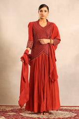 Red strip embroidered overlap jacket with pleated skirt and ruffled dupatta