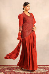 Red strip embroidered overlap jacket with pleated skirt and ruffled dupatta