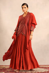 Red strip embroidered overlap jacket with pleated skirt and ruffled dupatta