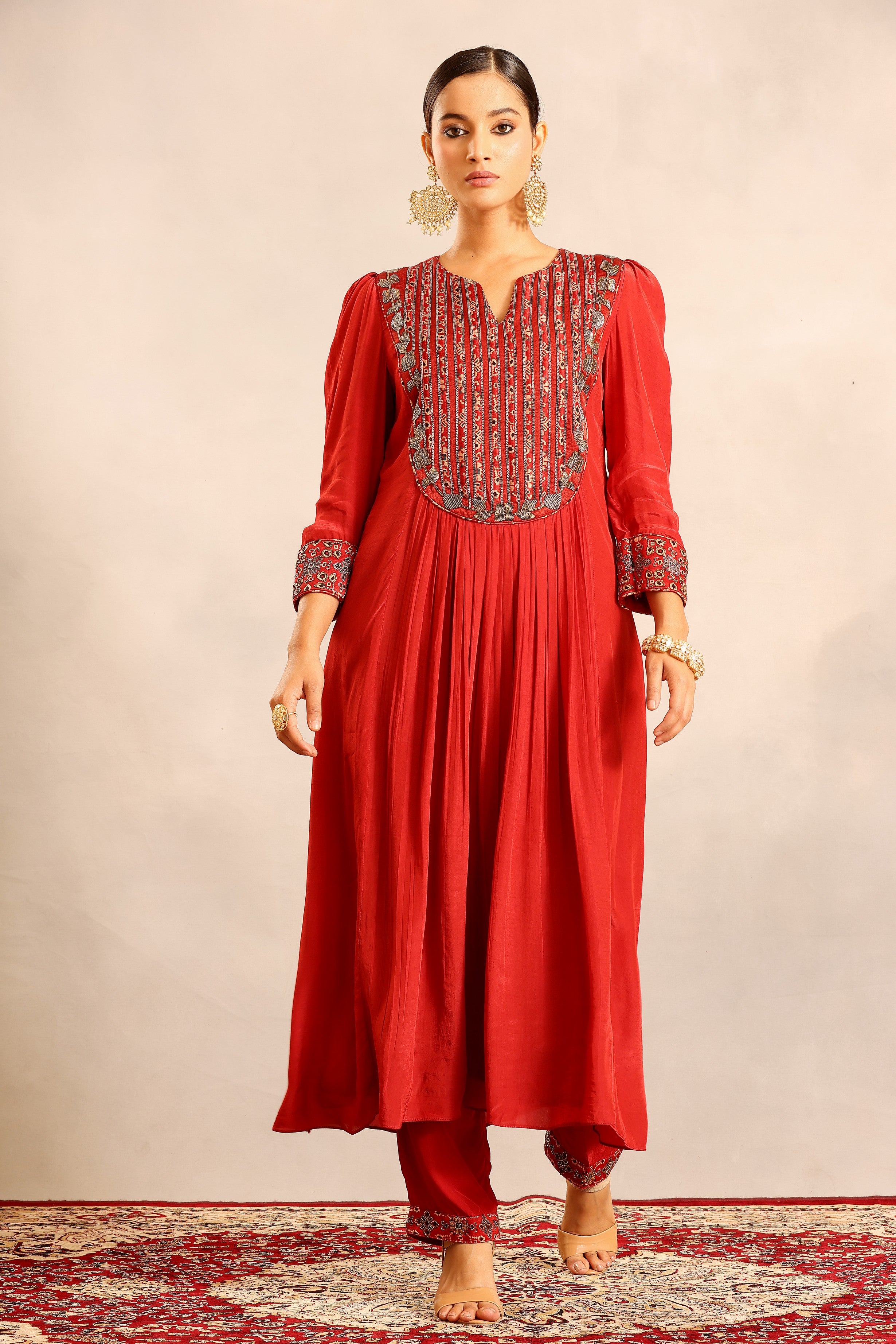 Red ajrakh embroidered gathered kurti with pants