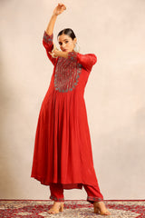 Red ajrakh embroidered gathered kurti with pants