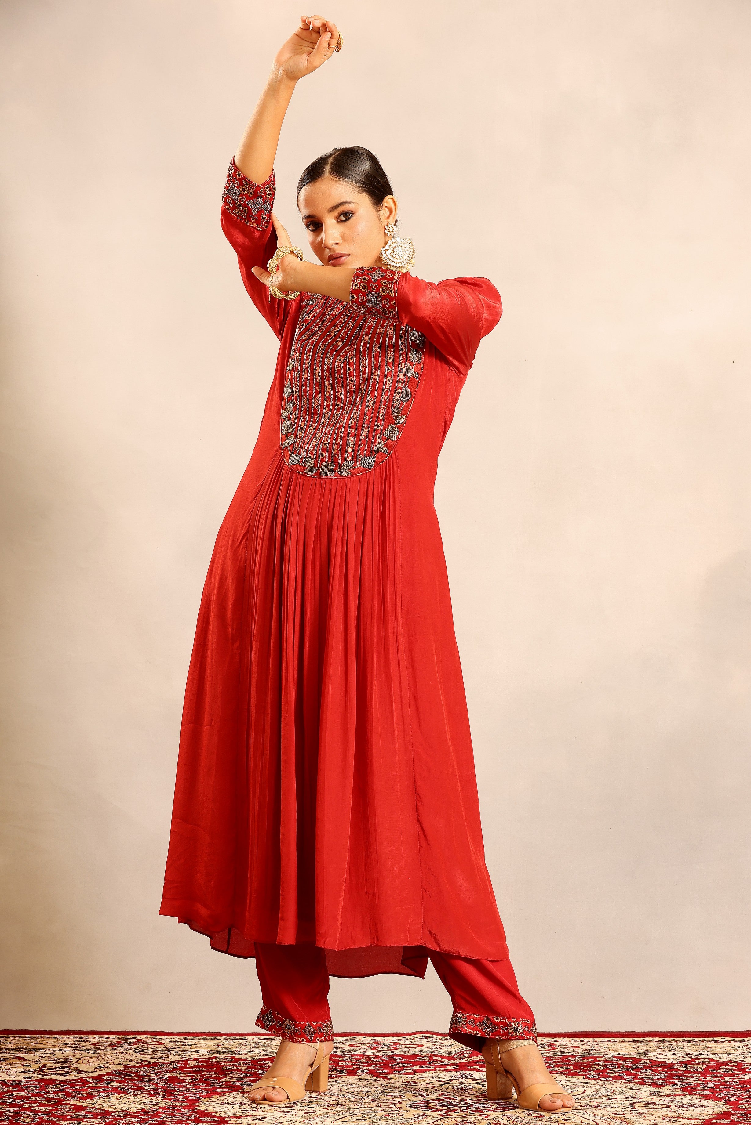 Red ajrakh embroidered gathered kurti with pants