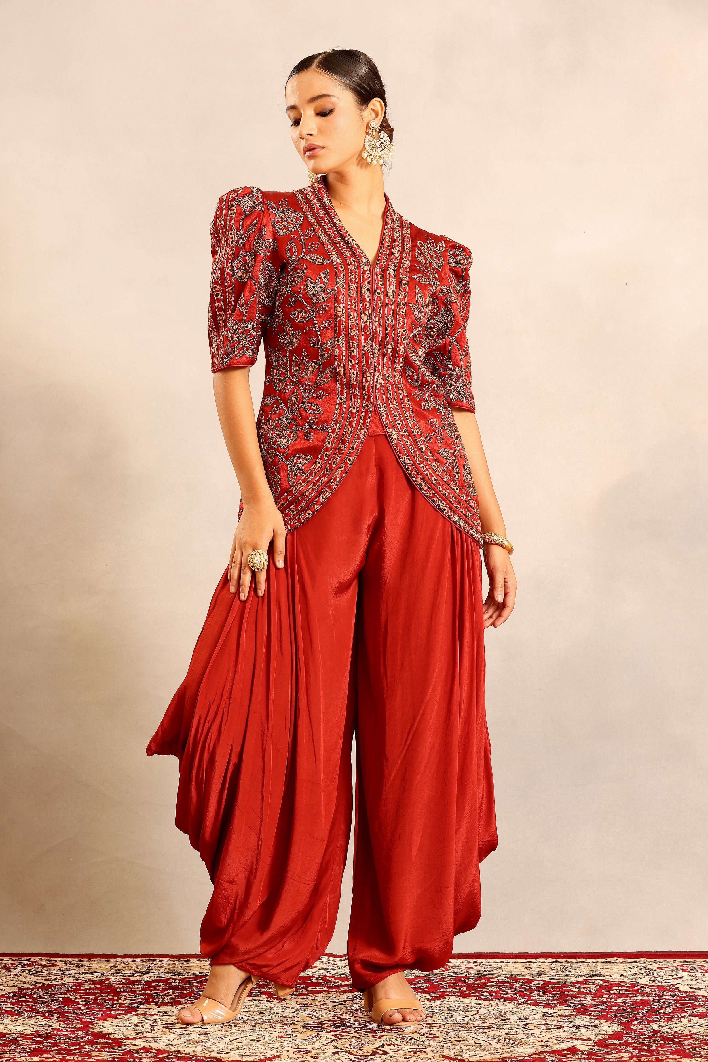 Red ajrakh patchwork fully embellished jacket with side cowl pants