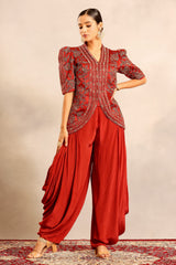 Red ajrakh patchwork fully embellished jacket with side cowl pants