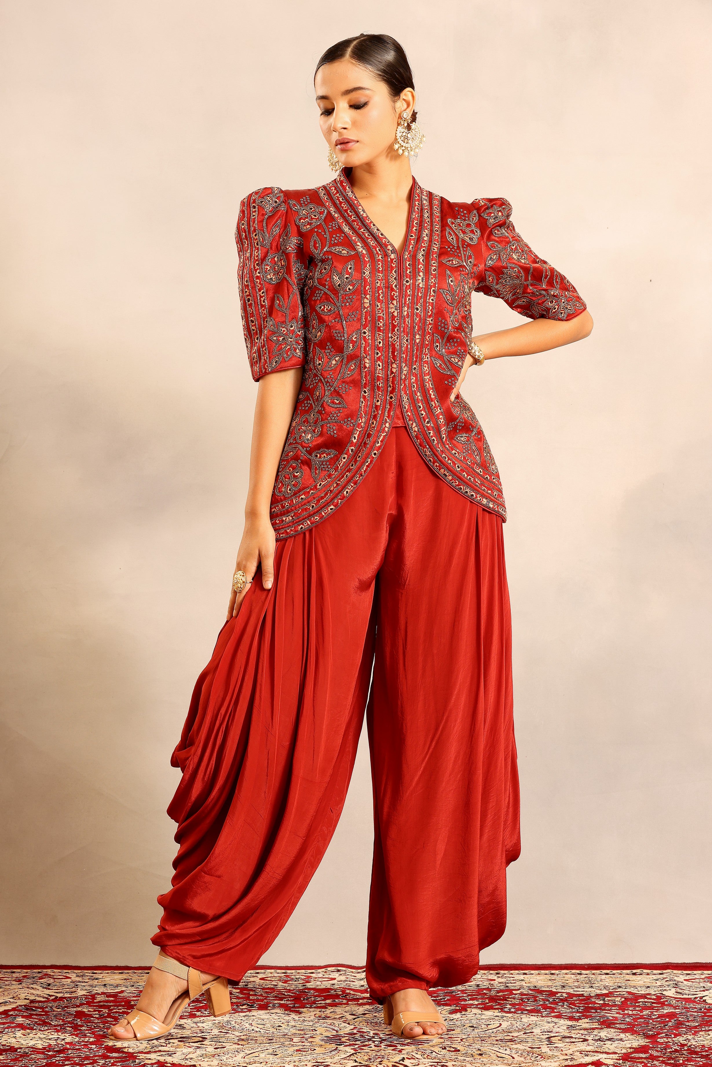 Red ajrakh patchwork fully embellished jacket with side cowl pants