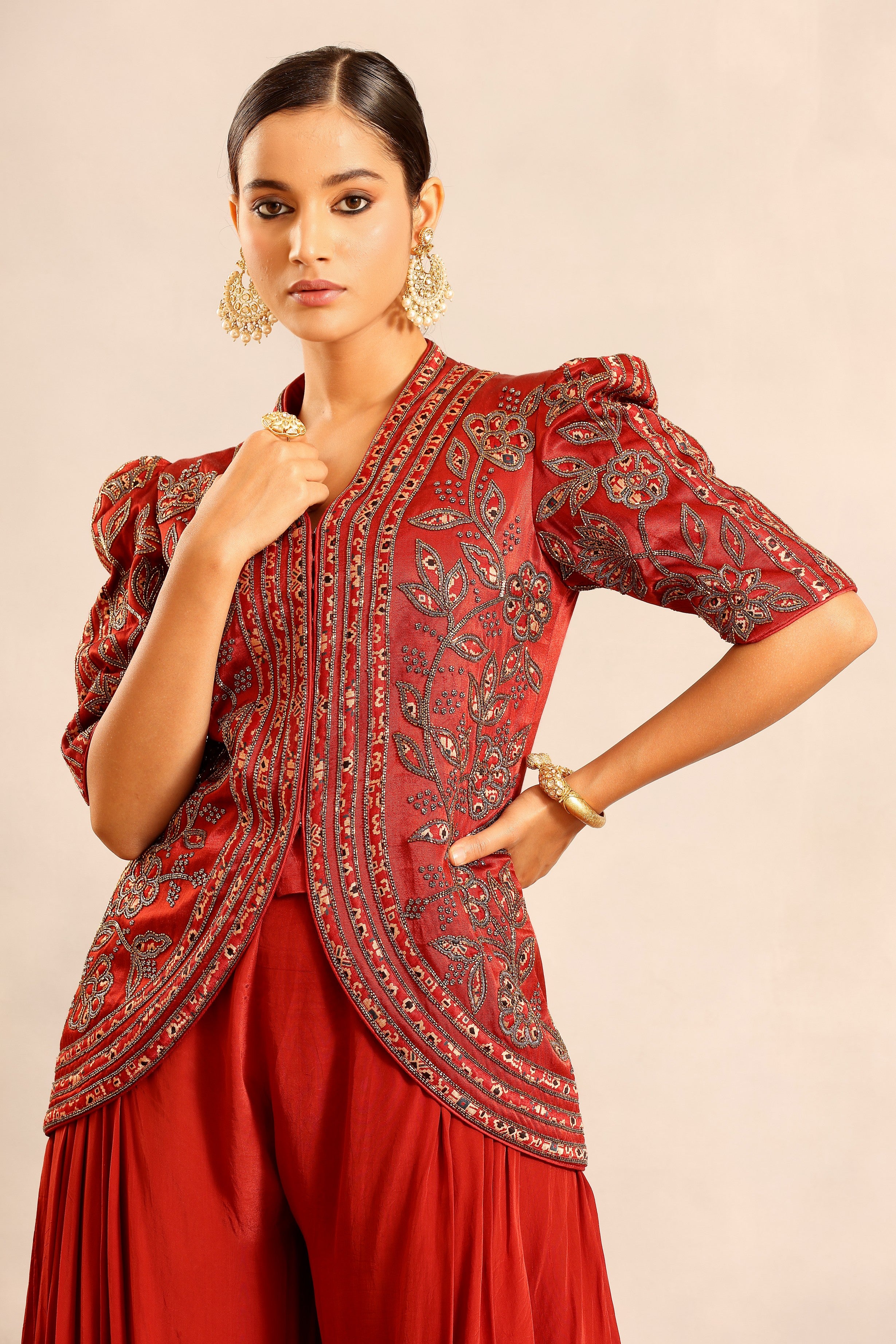 Red ajrakh patchwork fully embellished jacket with side cowl pants