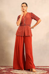 Red ajrakh embroidered runner peplum top with pants