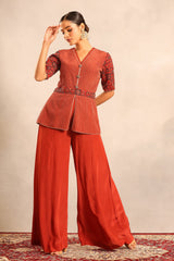Red ajrakh embroidered runner peplum top with pants