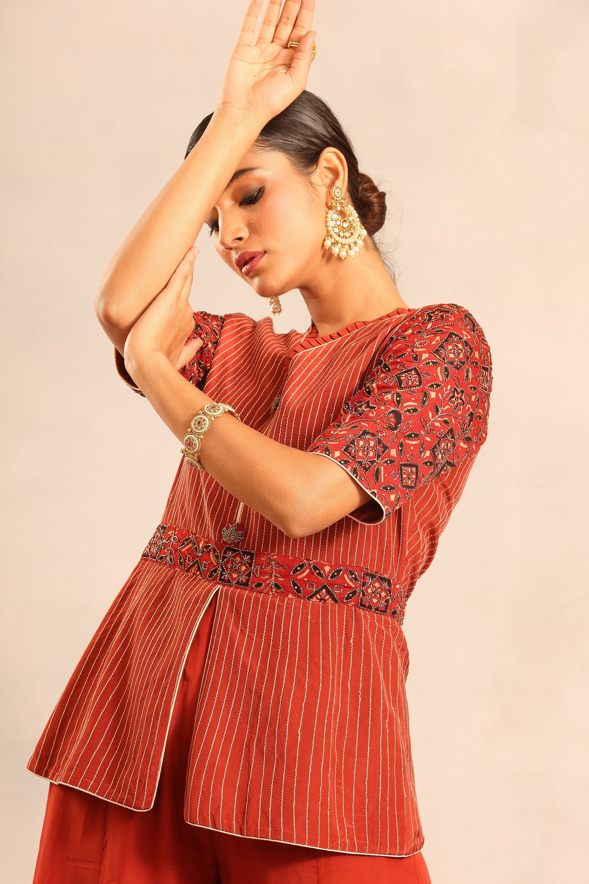 Red ajrakh embroidered runner peplum top with pants