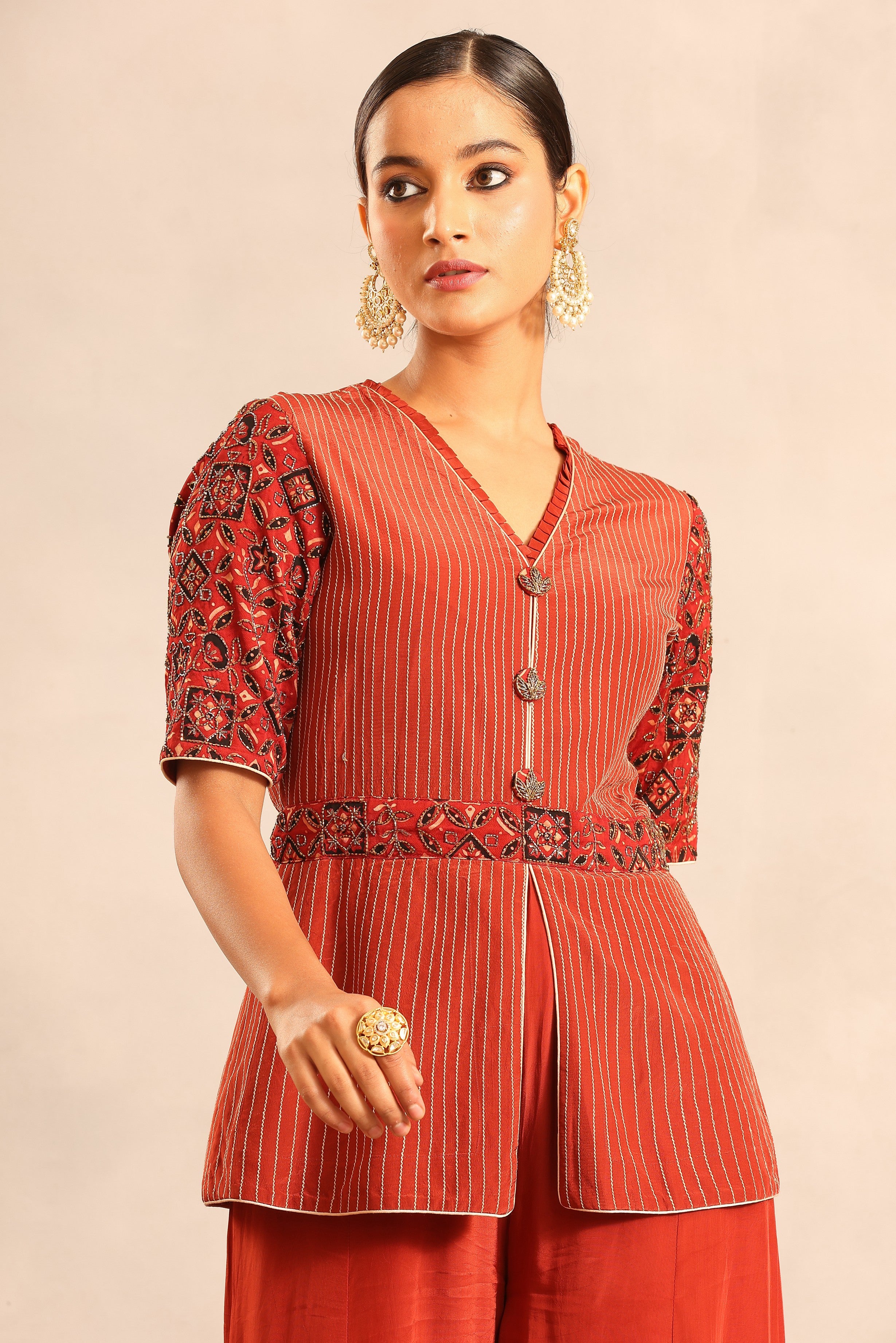 Red ajrakh embroidered runner peplum top with pants