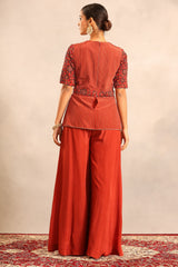 Red ajrakh embroidered runner peplum top with pants