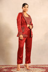 Maroon ajrakh embroidered stripwork blouse with embellished blazer and pants