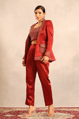 Maroon ajrakh embroidered stripwork blouse with embellished blazer and pants