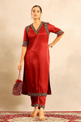 Maroon Ajrakh embellished kurta with pants