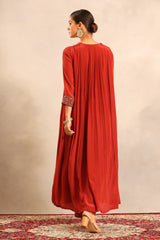 Scarlet red V neck gathered kurta with pants